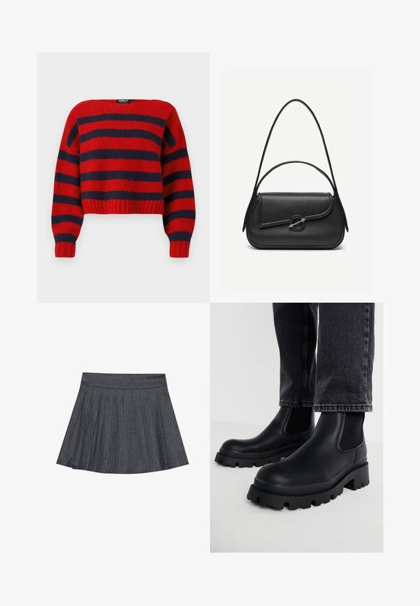 Rød og marineblå stribet cropped sweater med ribbet kant og lange ærmer, lavet af blødt strikmateriale. Mærket hævder "ONLY."; Grå stribede skater nederdel med en tætsiddende talje, udformet i A-linje og en blød stofstruktur. Lodrette linjer øger den visuelle interesse.; Sorte ankelstøvler med en kraftig sål, lavet af glat læder, med elastiske sidepaneler og en blokhæl, parret med mørke denimbukser.; Sort læderhåndtaske med afrundede kanter, asymmetrisk klap, metalcirkulært spænde samt både korte og lange skulderstropper.