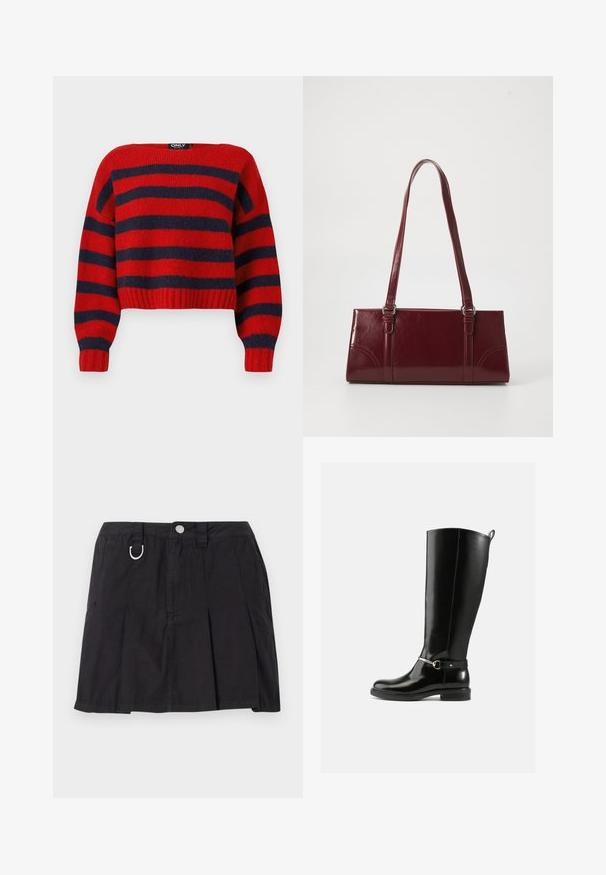 Rød og marineblå stribet cropped sweater med ribbet kant og lange ærmer, lavet af blødt strikmateriale. Mærket hævder "ONLY."; Sort plisseret nederdel lavet af bomuld, med frontknaplukning, bæltestropper og en D-ring detalje i taljen.; Sorte knæhøje støvler lavet af blankt læder med en sølvfarvet spænde ved anklen og rundet snude. Flad sål.; Bordeaux håndtaske lavet af glansfuldt materiale, rektangulær form, med to skulderremme og subtile buede detaljer på forsiden.