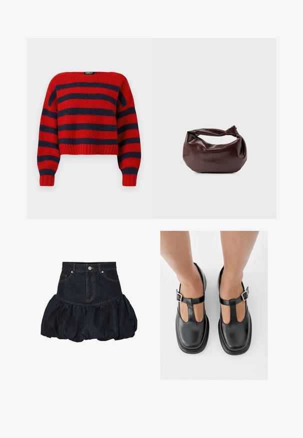 Gestreifter, rot und marineblauer, cropped Pullover mit geripptem Saum und langen Ärmeln, aus weichem Strickmaterial hergestellt. Das Etikett lautet "ONLY."; Dunkelblaue Jeansrock mit einer taillierten Taille und einem gerafften, puffigen Rüschensaum. Verfügt über Fronttaschen und einen metallischen Knopfverschluss.; Schwarze Lederschuhe mit T-Riemen-Design, geschlossenem Zehenbereich und silbernen Schnallenakzenten. Glatte Textur mit rundem Zehenbereich und flacher Sohle.; Dunkelbraune Lederschultertasche mit weicher, lockerer Form und einem gedrehten Knotengriff vor schlichtem weißem Hintergrund.