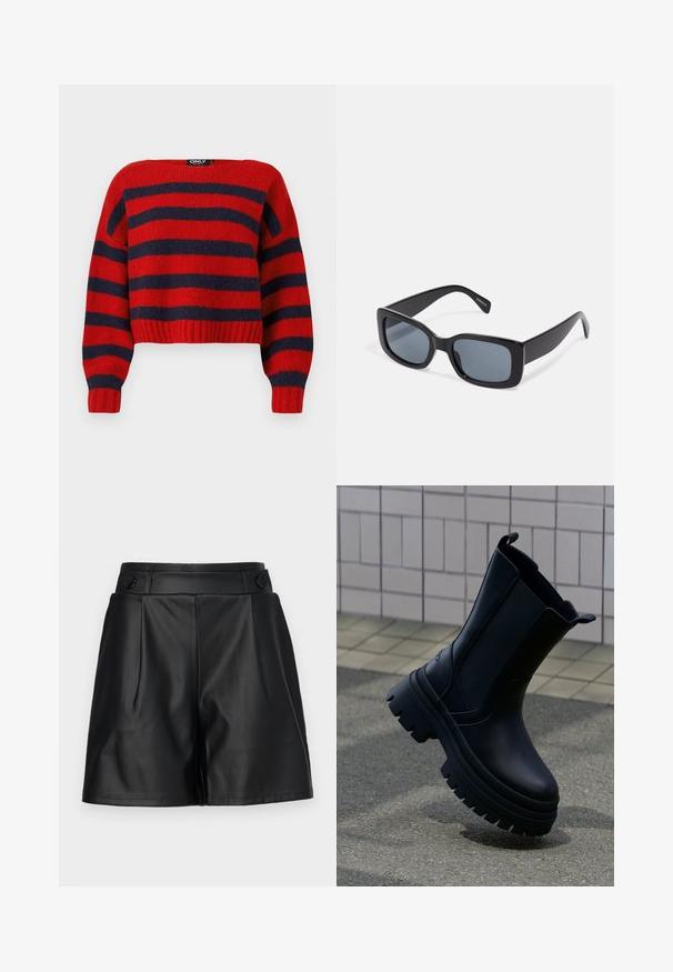 Pull crop rayé rouge et navy avec un ourlet côtelé et des manches longues, fabriqué en matière tricot douce. L'étiquette indique "ONLY."; Shorts en simili cuir noir avec un devant plissé, des jambes larges et des détails en boutons sur la taille. Texture lisse, design soigné.; Botte plateforme noire épaisse avec semelle épaisse rainurée, panneaux latéraux élastiques et languettes, photographiée en extérieur sur un trottoir avec mur carrelé en arrière-plan.; Lunettes de soleil rectangulaires noires avec des verres teintés foncés, monture en plastique épaisse et branches larges. Surface lisse et design angulaire.