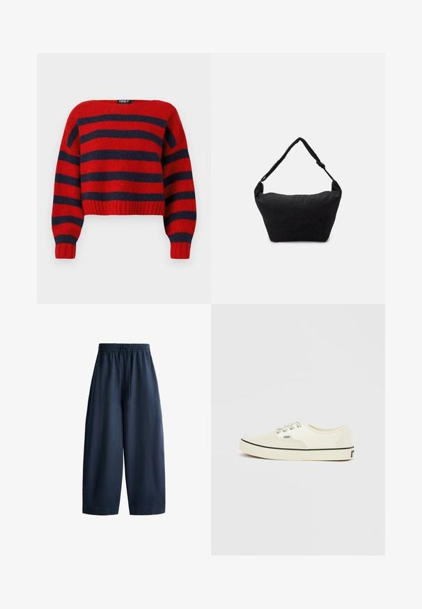 Pull crop rayé rouge et navy avec un ourlet côtelé et des manches longues, fabriqué en matière tricot douce. L'étiquette indique "ONLY."; Pantalon bleu marine à larges jambes avec taille élastique et cordon, fabriqué dans un tissu léger, adapté à un usage décontracté.; Baskets basses Vans couleur crème avec semelle bordée de noir, lacets blancs et noirs à motifs, et logo Vans sur le côté et le talon.; Sac à épaule en tissu noir avec une surface texturée douce, de forme arrondie et une seule sangle. Design minimaliste sans accessoires ni quincaillerie visibles.