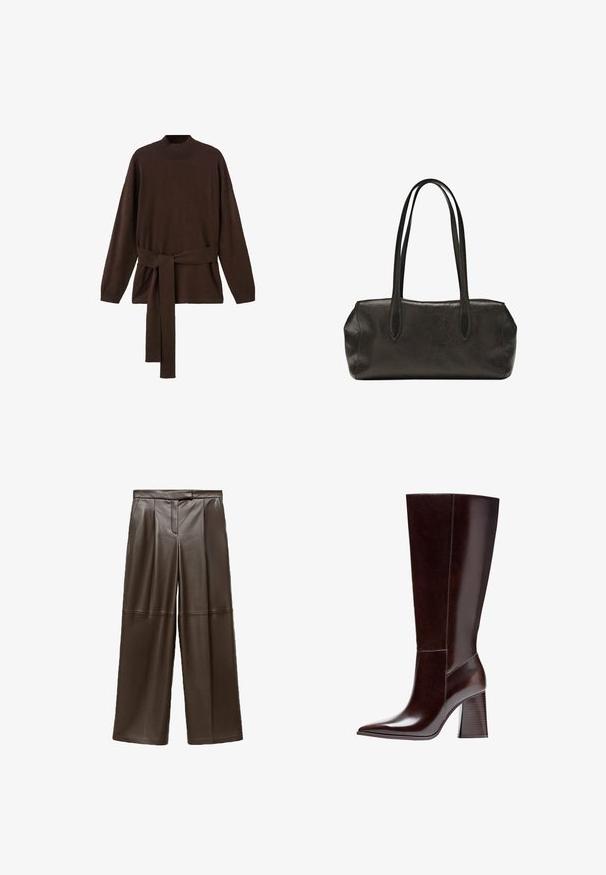 Brun strikket sweater med høj hals, lange ærmer og en matchende taljebind. Blød tekstur og afslappet pasform.; Brune læder brede bukser med en glat tekstur, der har folder foran og et klassisk taljebånddesign.; Brune læder knæhøj støvle med spids tå og tekstureret blokhælb. Har rent design og minimal syning.; Sort lædertaske i rektangulær form med lange dobbelte skulderremme og en struktureret overflade, vist mod en ensfarvet hvid baggrund.