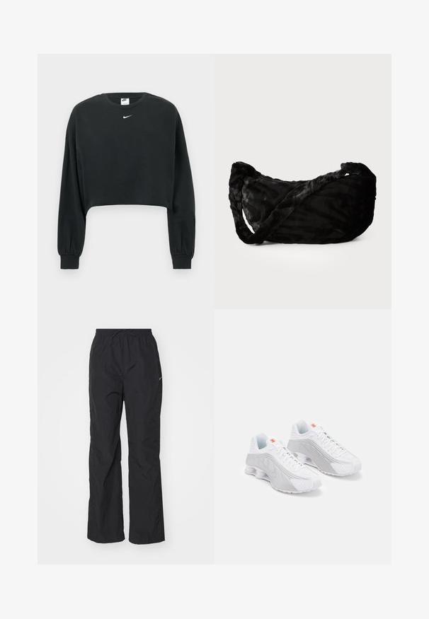 Sudadera negra recortada hecha de mezcla de algodón, con mangas largas, puños acanalados y un pequeño logo blanco de Nike en el pecho.; Pantalones negros ligeros con cintura elástica y cordón. Presentan un acabado texturizado y un pequeño logo reflectante en el costado.; Zapatillas deportivas blancas con acentos grises, que cuentan con un Upper texturizado, perforaciones para ventilación y un talón segmentado para amortiguación.; Bolso de tela negra con un patrón texturizado de ondas, que presenta un asa trenzada y forma redondeada. Material suave y aterciopelado que proporciona una sensación táctil.