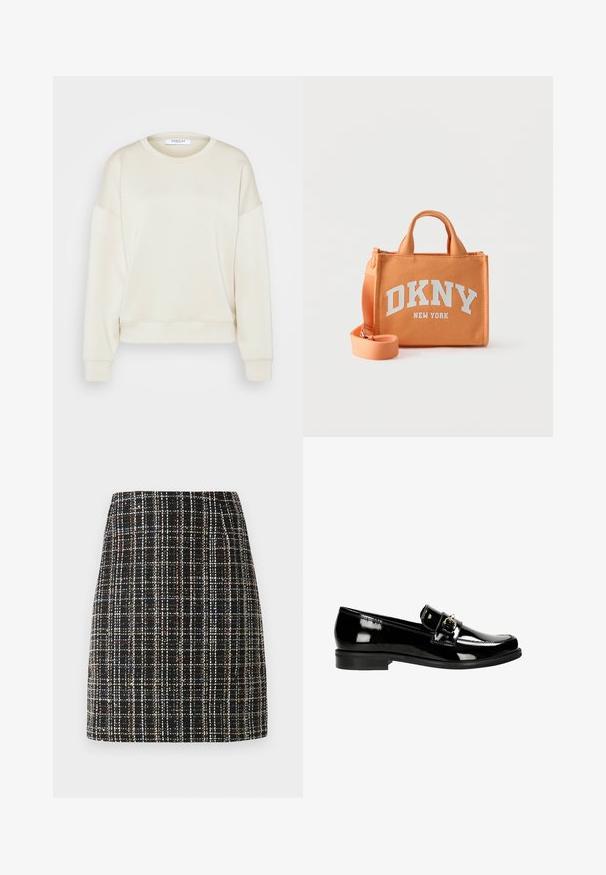 MSCH Copenhagen SWEATSHIRT - Sweatshirt - oatmeal; Mini jupe à carreaux noirs en tissu tweed texturé avec des fils blancs et multicolores. Coupe droite avec un ourlet subtil.; Mocassins en cuir verni noir avec une sangle et des détails en argent, dotées d'une semelle plate et de coutures le long des bords.; Petit sac à main en toile orange avec deux poignées courtes, une bandoulière amovible, et le logo blanc "DKNY New York" sur le devant.