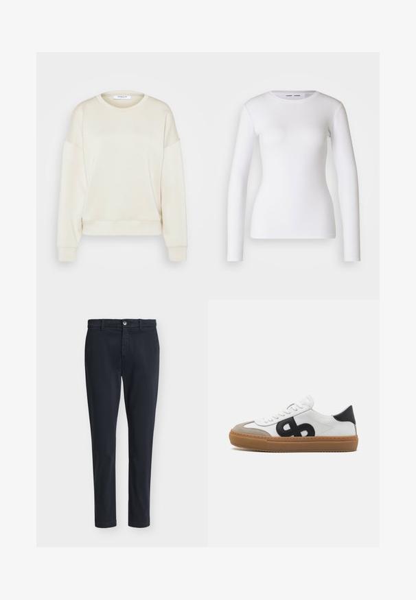 MSCH Copenhagen SWEATSHIRT - Sudadera - oatmeal; Camisa blanca de manga larga hecha de tela acanalada, con un cuello redondo y una forma ajustada. No presenta patrones ni detalles.; Pantalones casual ajustados de hombre en azul marino oscuro con cierre de botón y trabillas para cinturón, exhibidos sobre un fondo liso gris claro.; Zapatilla de cuero blanca con logo negro, detalles de ante y suela de goma. Presenta cordones blancos planos y un diseño de punta redondeada.