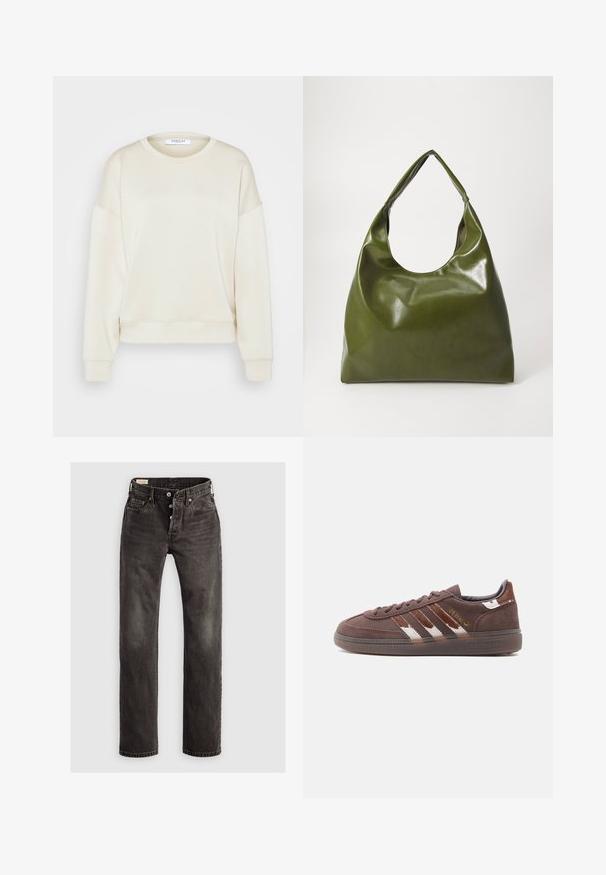 MSCH Copenhagen SWEATSHIRT - Pusa - oatmeal; Tumedad hallid sirged teksad, mis on valmistatud denimist, nupuga esiots, viie tasku disain ja õrn fade efekt kangal.; Pruun adidas seemisnahast toss valgete ja tumedampruunide triipude, madala profiiliga tallaga ning kuldse "Spezial"-kirjaga külgedel.; Roheline nahast hobo-kott, millel on laisk disain, kumer käepide ja sile tekstuur. Ei sisalda nähtavaid riistade ega aksessuaare.