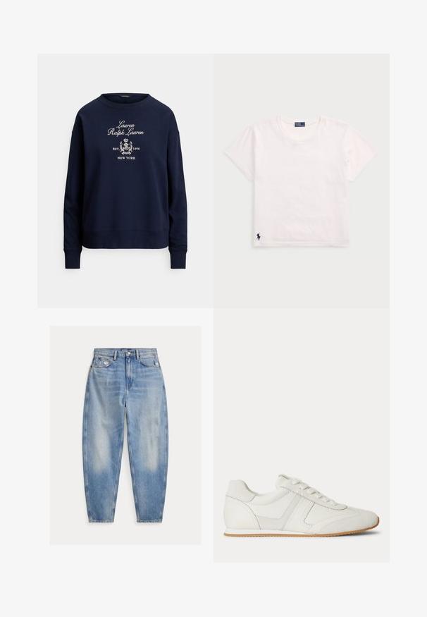 Μπλε σκούρο φούτερ με κεντημένο κείμενο «Lauren Ralph Lauren» και έμβλημα. Κατασκευασμένο από απαλό ύφασμα με μακριά μανίκια και ριμπ μανσέτες.; Λευκό βαμβακερό T-shirt με στρογγυλή λαιμόκοψη, κοντά μανίκια και μικρό ναυτικό λογότυπο στο κάτω αριστερό μέρος. Μαλακή υφή και κλασική εφαρμογή.; Ανοιχτό μπλε τζιν ψηλόμεσο με ελαφριά ξεθώριασμα και φθορές κοντά στις μπροστινές τσέπες, σχέδιο με πέντε τσέπες και με στενά μπατζάκια.; Λευκό sneaker χαμηλού τύπου με κορδόνια μπροστά, πάνελ από σουέτ και δέρμα, και ελαφρώς καφέ λαστιχένια σόλα σε λευκό φόντο.