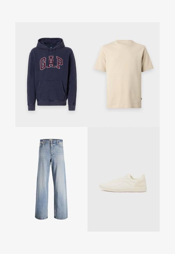 Sudadera con capucha azul marino con bolsillo tipo canguro en la parte frontal y un gran logo GAP delineado en rojo en el pecho, con capucha ajustable mediante cordón.; Camiseta de algodón beige de manga corta con cuello redondo, costuras mínimas y un pequeño logo tonal en el pecho izquierdo.; Jeans de tiro alto de pierna ancha en azul claro, con cierre frontal de botón y cremallera, cinco bolsillos y detalles desgastados en la tela.; ALDO THEPITCH - Zapatillas - white