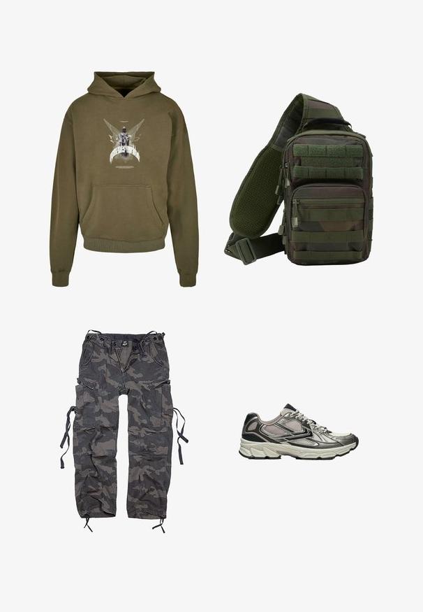 Olivgrüner Hoodie aus Baumwolle, mit einer vorderen Kängurutasche und grafischem Druck mit Flügeln und einer Figur auf der Brust.; Camouflage Cargo-Hosen in Grautönen und Schwarz, aus einem Stoff mit leicht strukturierten Oberfläche. Verfügt über mehrere Taschen und Bindebänder am Saum.; Hellgrauer und schwarzer Laufschuh mit Mesh-Einsätzen, gedämpfter Sohle und weißen gemusterten Schnürsenkeln, von der Seite auf weißem Hintergrund gezeigt.; Grüner Tarn-Sling-Rucksack mit mehreren Reißverschlusstaschen, einem verstellbaren Gurt und einem Netzrückenpaneel zur Belüftung.