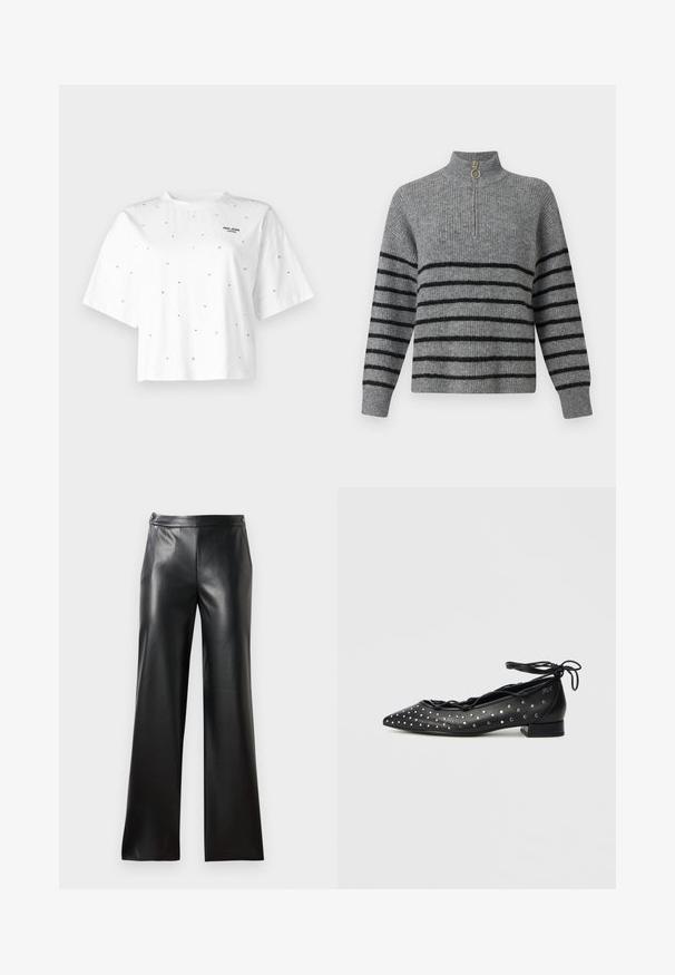 Grå strikket sweater med høj krave, sorte vandrette striber, kvart-lynlås åbning med et guld ringtræk og ribbekantede ærmer.; Hvid kortærmet t-shirt lavet af bomuld, med spredte metalliske detaljer og et lille logo med "Pepe Jeans London" på forsiden.; Sorte læder bredbenede bukser med en glat tekstur, forlommer og lynlås lukning. Har et rent, minimalistisk design.; Sorte balletflade sko i læder med spids tå, snøredesign og sølvnitte-accenter langs siderne. Lav blokhæl.
