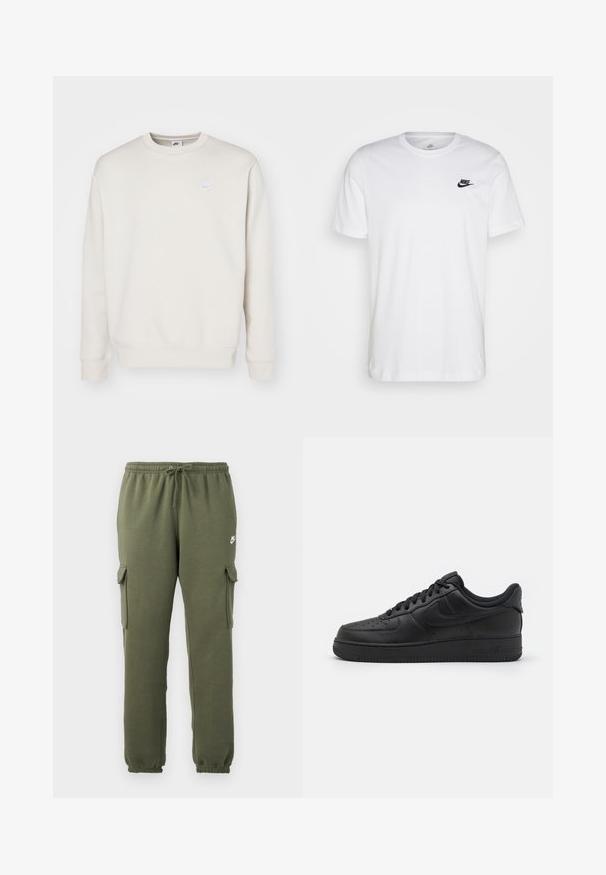 Nike Sportswear CRW - Jersey con capucha - orewood; Camiseta de algodón blanca con cuello redondo, mangas cortas y un logo negro de Nike en el lado izquierdo del pecho. Diseño simple en un color sólido.; Pantalones cargo verde oliva con cintura elástica, cierre con cordón, bolsillos laterales y logotipo de la marca en el muslo. Tejido suave de mezcla de algodón.; Nike Sportswear AIR FORCE 1 07 FLYEASE - Zapatillas - black