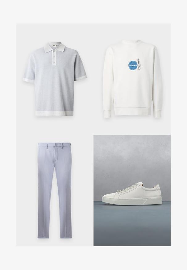 Witte sweatshirt met blauwe basketbalprint en de tekst "PAN AM", met een dunne schets van een man met een hoed en een aktetas ernaast.; Lichtgrijze polo met een textured patroon, korte mouwen en een contrasterende witte kraag en zoom. Drieknoopsluiting aan de voorkant.; Lichtgrijze op maat gemaakte broeken van gladde stof, met een knoopsluiting, riemlussen en een rechte pijp. Geen zichtbare zakken.; Witte leren sneaker met een ronde neus, minimalistisch ontwerp, grijze veters en een gestructureerde grijze rubberen zool. Fijne stikdetails zichtbaar.