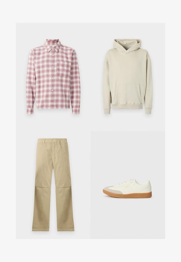 Beige hættetrøje lavet af blødt stof. Har en frontlomme a la kænguru og ribbede manchetter og kant. Enkel, afslappet design.; Langærmet plaid skjorte i pink og hvid. Fremstillet af et blødt stof med knap-ned krave, enkelt brystlomme og knaplukninger.; Beige lige bukser med trykknaplukning, bæltestropper og syninger ved knæene, liggende fladt på en hvid baggrund.; Sneaker lavet af hvid læder med en beige tåhætte og let brunt gummisål. Har flade hvide snørebånd og prægede branding på siden.