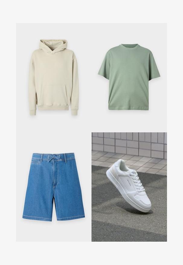 Sweat à capuche beige en tissu doux. Comprend une poche kangourou à l'avant et des poignets et ourlet côtelés. Design simple et décontracté.; T-shirt vert clair à manches courtes avec un col rond, fabriqué en tissu doux. Le design présente une coupe décontractée et aucun motif visible.; Shorts en denim bleu clair avec une taille élastique à cordon de serrage, poches avant et coutures contrastées. Design classique, coupe au genou.; Baskets blanches avec une tige en cuir lisse, un bout perforé pour la respirabilité et un panneau latéral texturé. Semelle en caoutchouc légère. Design à lacets.