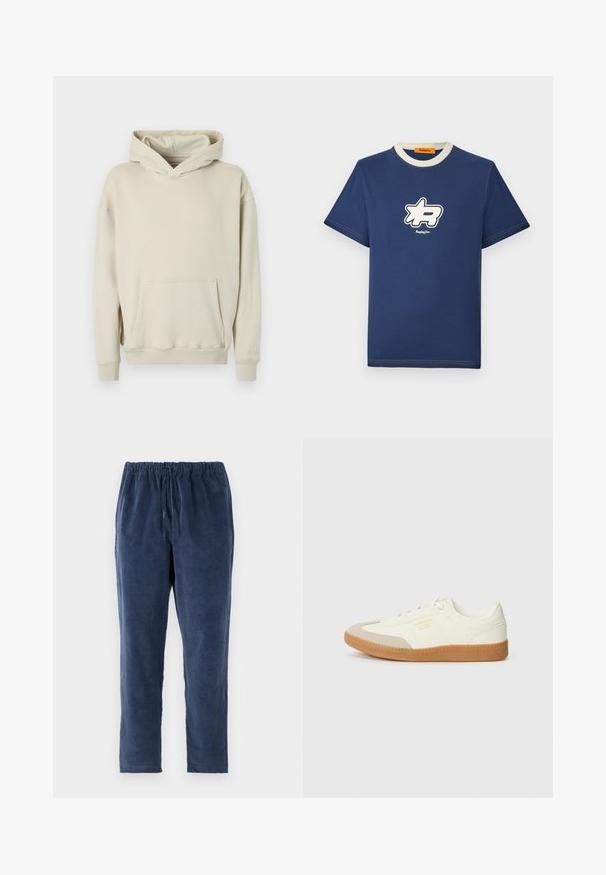 Beige capuchontrui gemaakt van zacht materiaal. Voorzien van een grote buidelzak aan de voorkant en geribbelde boorden bij de mouwen en zoom. Simpel, ontspannen ontwerp.; Navyblauw katoenen t-shirt met een contrasterende crèmekleurige kraag, voorzien van een grote witte logo-afbeelding op de borst en de merknaam eronder.; Marineblauwe broek met een zachte textuur, elastische tailleband en rechte pijpen. Geen zakken. Stof lijkt licht opgeruwd.; Schoen gemaakt van wit leer met een beige teenkap en een lichtbruine rubberen zool. Voorzien van platte witte veters en reliëfbranding aan de zijkant.