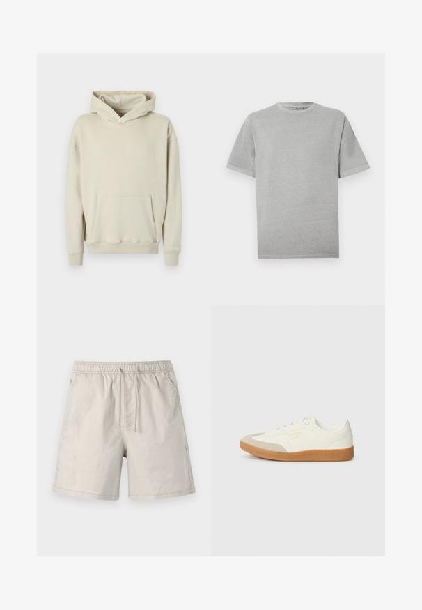 Beige capuchontrui gemaakt van zacht materiaal. Voorzien van een grote buidelzak aan de voorkant en geribbelde boorden bij de mouwen en zoom. Simpel, ontspannen ontwerp.; Effen lichtgrijs T-shirt met korte mouwen en ronde hals, rechte zoom, weergegeven tegen een witte achtergrond.; Beige shorts gemaakt van lichtgewicht stof, met een elastische tailleband, trekkoord en zijzakken met contrasterende stiksels.; Schoen gemaakt van wit leer met een beige teenkap en een lichtbruine rubberen zool. Voorzien van platte witte veters en reliëfbranding aan de zijkant.