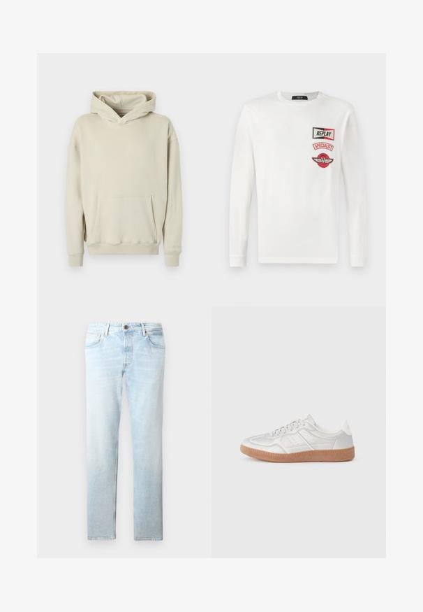 Beige capuchontrui gemaakt van zacht materiaal. Voorzien van een grote buidelzak aan de voorkant en geribbelde boorden bij de mouwen en zoom. Simpel, ontspannen ontwerp.; Witte langesleeve shirt met drie rode en zwarte patches op de linkerkant van de borst: "REPLAY," "SPECIALIST," en een vleugellogo van V.; Lichtblauwe denim jeans met een rechte pijp, vijf zakken en een sluiting met één knop, met vervaagde plekken en subtiele textuur.; Zilveren sneakers met een gladde textuur, vetersluiting, geperforeerde accenten en een gestructureerde bruine rubberen zool.
