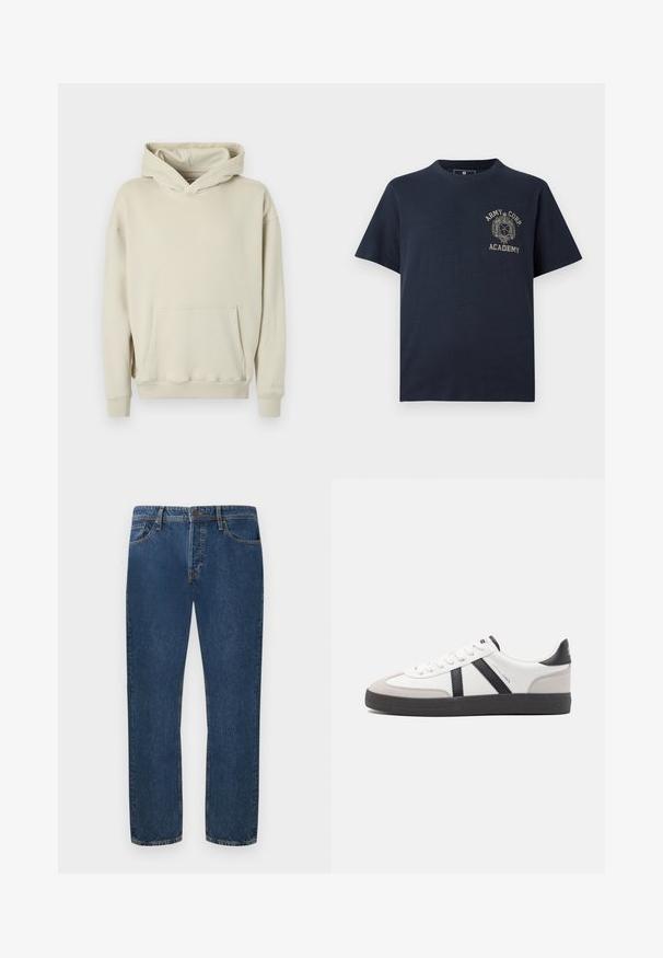 Sweat à capuche beige en tissu doux. Comprend une poche kangourou à l'avant et des poignets et ourlet côtelés. Design simple et décontracté.; T-shirt bleu marine à manches courtes avec le texte et l'emblème "Army Corp Academy" en beige sur le côté gauche de la poitrine.; Jean en denim bleu foncé avec une coupe droite, doté de cinq poches et d'une fermeture à bouton. Le tissu présente une texture visible et un léger dégradé.; Baskets blanches avec des accents noirs et gris, présentant un embout texturé gris, une semelle en caoutchouc noir et des lacets plats blancs. Design épuré, style minimaliste.