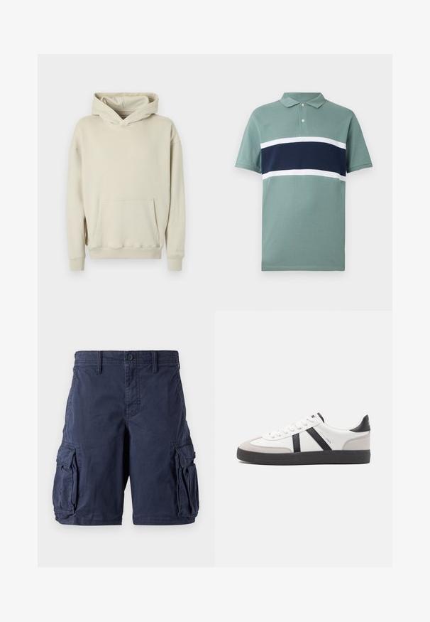 Beige hættetrøje lavet af blødt stof. Har en frontlomme a la kænguru og ribbede manchetter og kant. Enkel, afslappet design.; Kortærmet polo skjorte i afdæmpet grøn med marineblå og hvide vandrette striber på brystet og krave med to knapper.; Mørkeblå cargo shorts lavet af bomuld. Har flere sidelommer, knappelukning og en afslappet pasform. Glat tekstur og holdbart design.; Hvide sneakers med sorte og grå detaljer, med en tekstureret grå tåhætte, sort gummisål og flade hvide snørebånd. Rent design, minimalistisk stil.