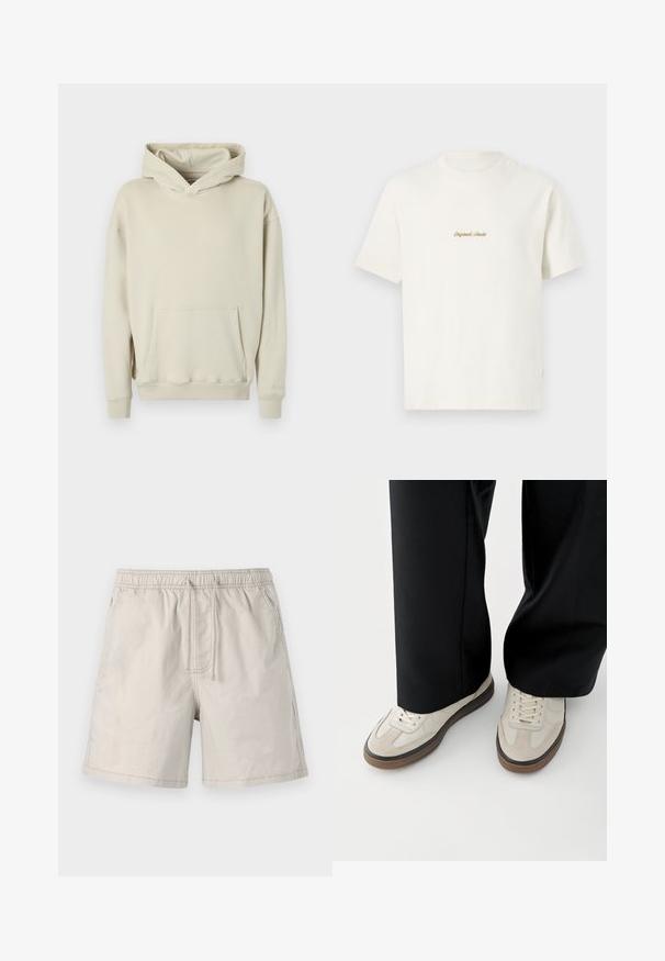 Beige hættetrøje lavet af blødt stof. Har en frontlomme a la kænguru og ribbede manchetter og kant. Enkel, afslappet design.; Cremefarvet bomulds T-shirt med korte ærmer, rund hals og broderet "Original Studio" logo i guld på brystet. Blød tekstur.; Beige shorts lavet af letvægtsstof, med elastisk talje, snoretræk og sidelommer med kontrasterende syninger.; Fødder iført beige sneakers med brune såler og sorte bukser med vide ben på hvid baggrund.
