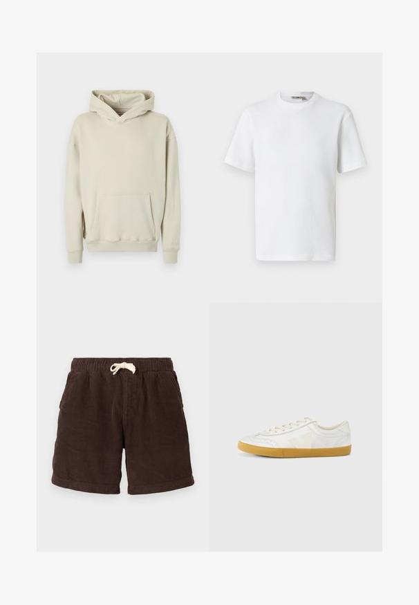 Beige hættetrøje lavet af blødt stof. Har en frontlomme a la kænguru og ribbede manchetter og kant. Enkel, afslappet design.; Hvid kortærmet t-shirt i vaffelmønster med rund hals og et lille mærke med brandnavn inde i kraven, vist på en ensfarvet baggrund.; Brune kordfløjsshorts med elastisk talje, snorlukning og sidelommer. Stoffet har vertikale ribber og en tekstureret overflade.; Hvid lædersneaker med en glat tekstur, med en beige 'V'-logo, rund tå, snørelukning og en sål af gumgummi.