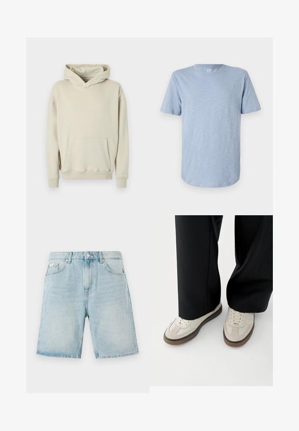 Sweat à capuche beige en tissu doux. Comprend une poche kangourou à l'avant et des poignets et ourlet côtelés. Design simple et décontracté.; T-shirt bleu clair à manches courtes en tissu doux, avec un col rond et un ourlet droit arborant une texture subtile.; Shorts en denim bleu clair avec une coupe ample, dotés de poches avant, d'une fermeture à bouton et d'un léger délavage.; Pieds portant des baskets beige avec des semelles marron et un pantalon noir à jambes larges sur fond blanc.