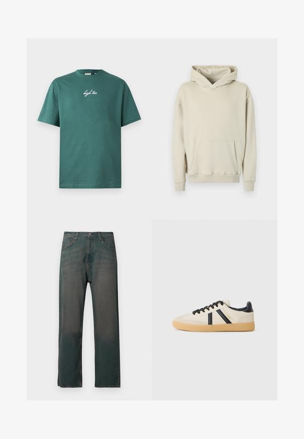 Beige hættetrøje lavet af blødt stof. Har en frontlomme a la kænguru og ribbede manchetter og kant. Enkel, afslappet design.; Grøn bomuld T-shirt med rund hals og korte ærmer. Har hvid, kursiv tekst "high tea" på forsiden. Enkel design, ingen mønstre.; Mørkegrønne denimjeans med lige ben, der har et klassisk design med fem lommer og kontrastsyninger langs sømmene.; Casual sneakers i creme med sorte striber, med en tekstureret overdel og sål i gummigummi. Snørebåndene er sorte. Diskret logo på siden.