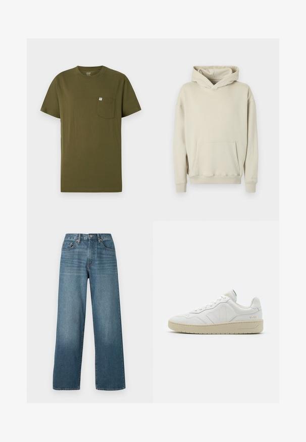 Beige capuchontrui gemaakt van zacht materiaal. Voorzien van een grote buidelzak aan de voorkant en geribbelde boorden bij de mouwen en zoom. Simpel, ontspannen ontwerp.; Olijf groene katoenen T-shirt met een ronde hals, korte mouwen en een linkse borstzak met een klein merkembleem. Glad oppervlak.; Wijde donkerblauwe denim jeans met een knoopsluiting, riemlussen en een vervaagd textuur. Beschikt over vijf zakken en contrasterende stiksels.; Witte leren sneakers met een gestructureerde afwerking en een gevoerde kraag. Voorzien van een beige rubberen zool en subtiele branding op de hiel en zijkant.
