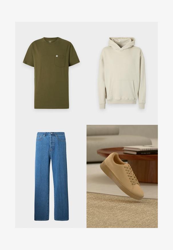 Beige capuchontrui gemaakt van zacht materiaal. Voorzien van een grote buidelzak aan de voorkant en geribbelde boorden bij de mouwen en zoom. Simpel, ontspannen ontwerp.; Olijf groene katoenen T-shirt met een ronde hals, korte mouwen en een linkse borstzak met een klein merkembleem. Glad oppervlak.; Lichtblauwe denim jeans met een rechte pijp. Voorzien van vijf zakken, een knoopsluiting en minimale stikseldetails.; Beige vetersneaker die boven een gestructureerd tapijt zweeft, met een houten salontafel en gestapelde boeken op een wazige achtergrond.