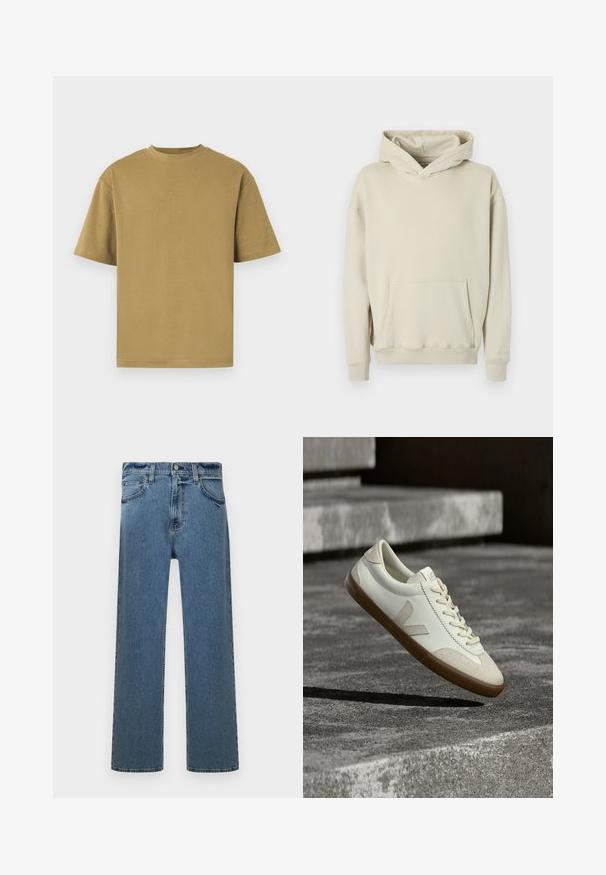Beige capuchontrui gemaakt van zacht materiaal. Voorzien van een grote buidelzak aan de voorkant en geribbelde boorden bij de mouwen en zoom. Simpel, ontspannen ontwerp.; Khaki korte mouw t-shirt, gemaakt van zachte katoen, met een ronde halslijn en een relaxte pasvorm. Soepele textuur zonder zichtbare patronen of accenten.; Blauwe straight-leg spijkerbroek met vijf zakken, riemlussen en knoopsluiting, weergegeven op een witte achtergrond.; Witte leren sneakers met een bruine rubberen zool, platte veters en een V-vormig accent aan de zijkant. Ze hebben een glad oppervlak en minimale stikdetails.
