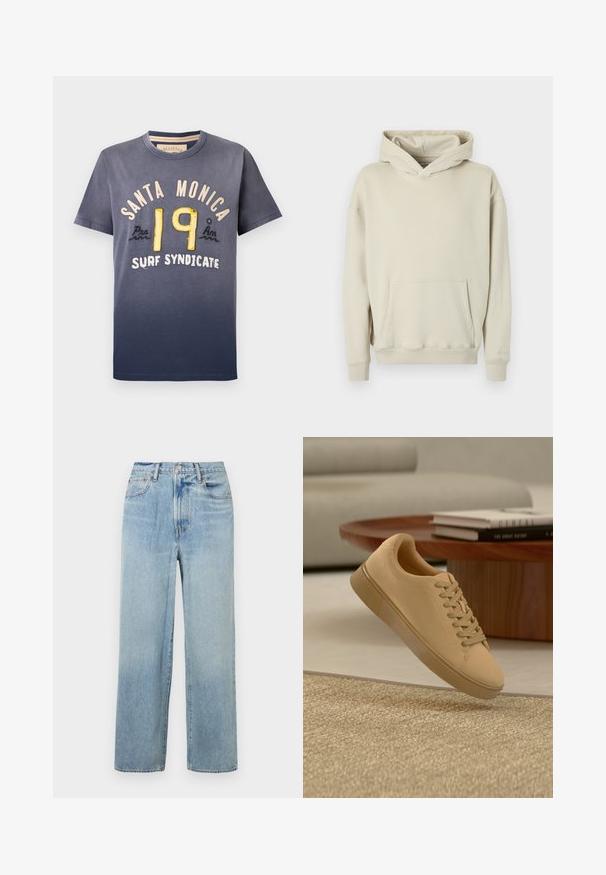 Beige Kapuzenpullover aus weichem Stoff. Verfügt über eine vordere Kängurutasche sowie gerippte Bündchen und Bund. Einfaches, lässiges Design.; Dunkelblaues Baumwoll-T-Shirt mit Verlaufseffekt, bedruckt mit "SANTA MONICA" und "19" in gelber und cremefarbener Stickerei, Rundhalsausschnitt, kurze Ärmel.; Helle blaue, gerade geschnittene Denim-Jeans mit hoher Taille, fünf Taschen und dezenten Verwaschungen. Rohem Saum und kontrastierenden Nähten.; Beiger geschnürter Sneaker, der über einem strukturierten Teppich mit Holzcouchtisch und gestapelten Büchern im verschwommenen Hintergrund schwebt.
