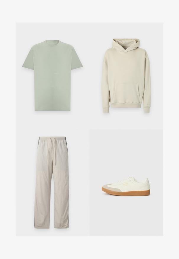 Sweat à capuche beige en tissu doux. Comprend une poche kangourou à l'avant et des poignets et ourlet côtelés. Design simple et décontracté.; T-shirt vert clair à manches courtes et col rond avec une texture subtile de rayures horizontales, présenté sur un fond neutre.; Pantalons beiges légers, avec cordon de serrage et taille élastique, présentant des panneaux latéraux foncés et une coupe droite décontractée.; Baskets en cuir blanc avec une coque beige et une semelle en caoutchouc marron clair. Dotées de lacets blancs plats et d'un logo embossé sur le côté.