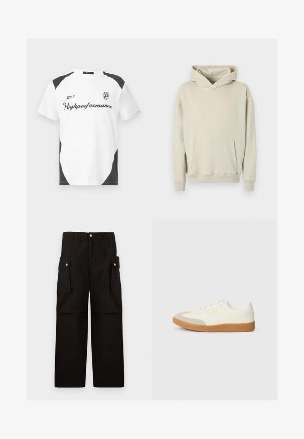 Beige Kapuzenpullover aus weichem Stoff. Verfügt über eine vordere Kängurutasche sowie gerippte Bündchen und Bund. Einfaches, lässiges Design.; Weißes Kurzarm-T-Shirt mit schwarzen Akzenten. Verfügt über das Logo "REPLAY FC" und den Text "Highperformance" in einer sportlichen Schriftart. Hergestellt aus einem glatten Material.; Schwarze Cargo-Hosen aus weichem Stoff, mit einem elastischen Bund, seitlichen Taschen mit Klappen und einem lockeren, geraden Schnitt.; Sneaker aus weißem Leder mit einer beigen Zehenkappe und leichter brauner Gummisohle. Verfügt über flache weiße Schnürsenkel und geprägtes Branding an der Seite.