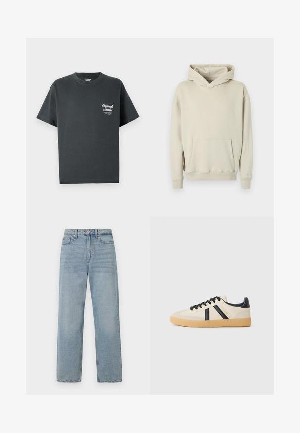 Beige hættetrøje lavet af blødt stof. Har en frontlomme a la kænguru og ribbede manchetter og kant. Enkel, afslappet design.; Mørkegrå bomulds t-shirt med rund hals, korte ærmer og et hvidt skriptlogo på venstre brystområde. Enkel, udekoreret design.; Lys blå denim jeans med høj talje, lige ben-design, fem-lommes styling og subtil falming for et slidt udseende.; Casual sneakers i creme med sorte striber, med en tekstureret overdel og sål i gummigummi. Snørebåndene er sorte. Diskret logo på siden.
