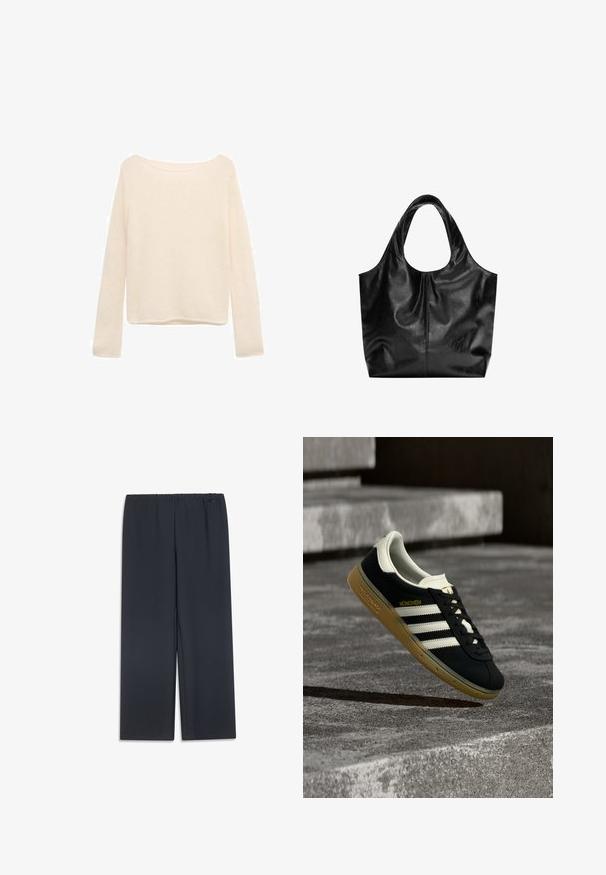 Pull à manches longues de couleur crème avec un col large et une coupe légèrement ample.; Pantalon noir à jambes larges en tissu doux, doté d'une taille élastique et d'une silhouette droite. Aucun motif ni ornement présent.; Baskets noires Adidas München avec des rayures blanches et une semelle en gomme, flottant au-dessus de marches en béton texturé.; Sac fourre-tout en cuir noir avec une texture lisse, un haut arrondi doux et de larges poignées. Présente une couture minimale et une silhouette décontractée.