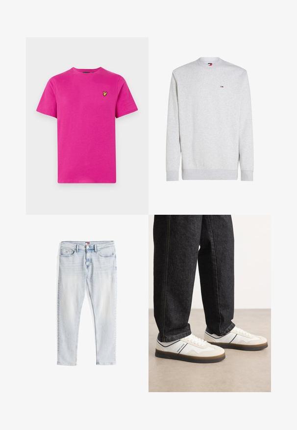 Grauer Pullover aus einem Baumwollmix, mit rundem Halsausschnitt, gerippten Bündchen und Saum sowie einem kleinen Markenlogo auf der Brust.; Rosa Baumwoll-T-Shirt mit Rundhalsausschnitt und kurzen Ärmeln. Verfügt über ein kleines gelbes, gesticktes Logo auf der linken Brust. Weiche Textur.; Hellblaue Slim-Fit-Jeans mit fünf Taschen, Knopfverschluss und subtilen Verwaschungen an den Oberschenkeln, flach auf weißem Hintergrund ausgelegt.; Weiße und hellgraue Sneakers mit einem strukturierten Obermaterial aus Wildleder und Leder, brauner Gummisohle und navyblauem Akzentstreifen. Getragen mit dunklen Jeans.
