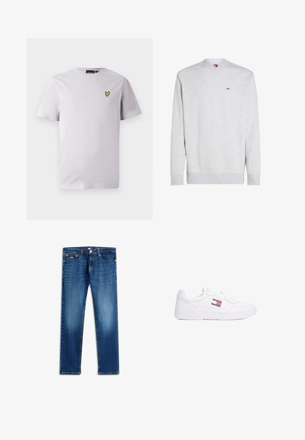 Sudadera gris de mezcla de algodón, con cuello redondo, puños y dobladillo acanalados, y un pequeño logo de la marca en el pecho.; Camiseta de algodón de color gris claro con cuello redondo y mangas cortas, con un pequeño logo bordado de un pájaro amarillo en el pecho izquierdo.; Pantalones vaqueros de mezclilla azul oscuro con corte recto, detalles desvanecidos, cinco bolsillos y costuras sutiles. Cuentan con cierre de botón y cremallera.; Zapatilla blanca con parte superior de cuero suave, cierre de cordones, cuello acolchado y suela de goma. Presenta un logotipo "TOMMY JEANS" en rojo y azul en el lateral.