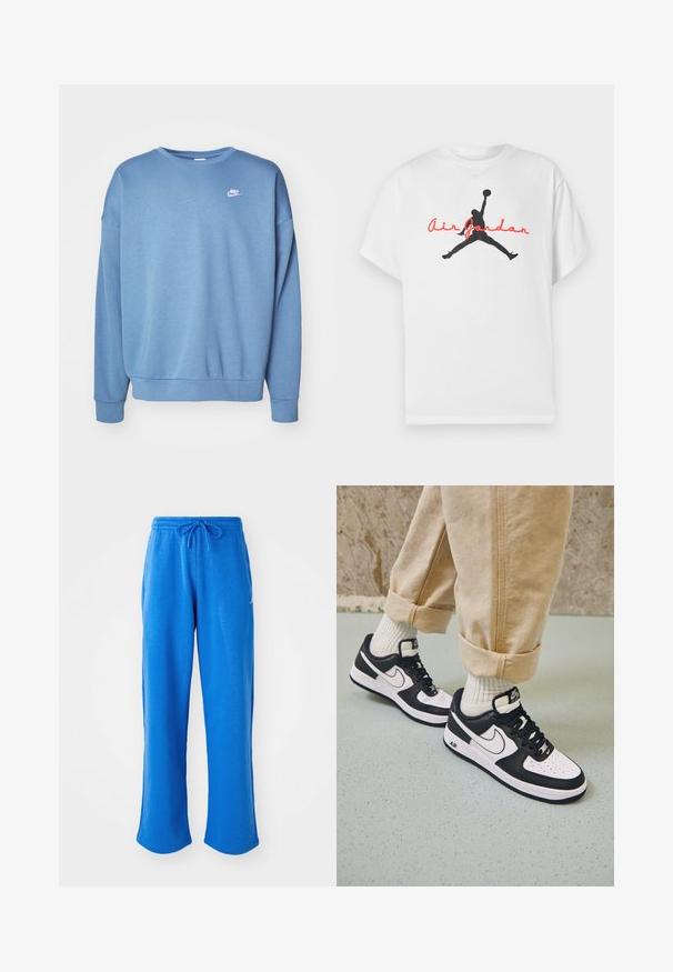 Blå sweatshirt lavet af blødt stof med rund hals, lange ærmer, ribbede manchetter og et lille hvidt Nike-logo på brystet.; Hvid bomulds-T-shirt med en sort silhuet af en basketballspiller og rød "Air Jordan"-tekst over brystet. Korte ærmer, klassisk pasform.; Jordan PANT - Træningsbukser - sport blue/white; Sorte og hvide Nike Air Force 1 sneakers med læderoverdel, perforeret tå og tekstureret såldetalje, båret med rullede beige bukser og hvide sokker.