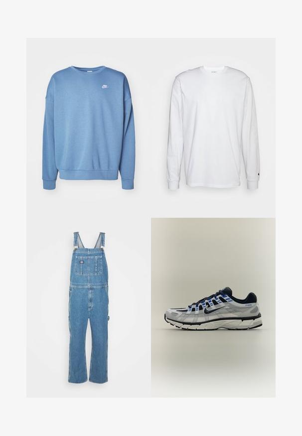Blå sweatshirt lavet af blødt stof med rund hals, lange ærmer, ribbede manchetter og et lille hvidt Nike-logo på brystet.; Hvid langærmet T-shirt lavet af bomuld. Rund halsudskæring med ribbede manchetter og et lille logo på venstre ærme. Glat tekstur.; Lysblå denim overalls med justerbare stropper, frontlomme og sidelommer. Løs pasform med lige ben, lavet af bomuldsstof.; Lysegrå og sort Nike løbesko med blå detaljer, hvid sål og tekst "P-6000" på hælsiden.
