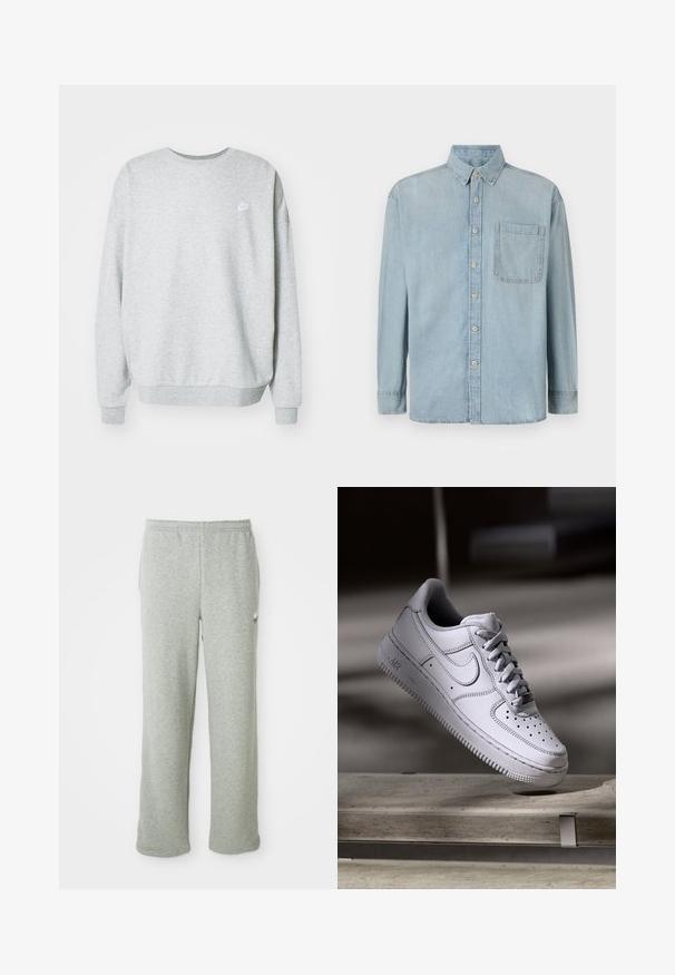 Grå sweatshirt lavet af blandingsstof i bomuld, med rund halsudskæring, sænkede skuldre og et lille hvidt logo på brystet.; Lyseblå denimskjorte med lange ærmer, knaplukning foran og en enkelt brystlomme. Har en klassisk krave og standard manchetter.; Grå sweatpants lavet af blødt bomuldsblandingsstof, med elastisk talje, lige ben-design og et lille logo på venstre side.; Hvid læder Nike Air Force 1 sneaker med perforeret tå, flade snørebånd og tekstureret gummisål med "AIR" branding på siden.