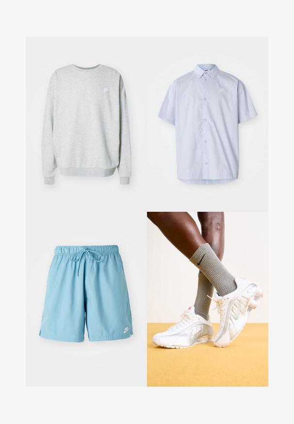 Sudadera gris hecha de una mezcla de algodón, con un cuello redondo, hombros caídos y un pequeño logo blanco en el pecho.; Camisa de manga corta azul claro hecha de una tela suave, con un diseño de botones y un pequeño logo blanco de Nike en el pecho.; Pantalones cortos Nike de color azul claro con cinturilla elástica y cordón, que presentan un logo blanco en el dobladillo izquierdo y aberturas laterales para mayor movilidad.; Zapatillas Nike en blanco con detalles plateados, con paneles texturizados y perforaciones. Combinadas con calcetines grises acanalados, sobre un fondo amarillo.