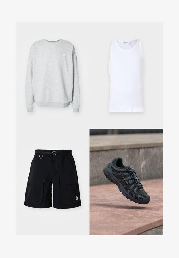 Grå sweatshirt lavet af blandingsstof i bomuld, med rund halsudskæring, sænkede skuldre og et lille hvidt logo på brystet.; Hvid bomulds tanktop med rund hals og brede stropper. Glat tekstur, ingen mønstre, enkelt design og mærkeetiket på halsudskæringen.; Sorte cargo shorts med elastisk talje, integreret bælte, store sidelommer og trekantet ACG-logo på højre ben.; Mørkegrå Nike løbesko med mesh og syntetisk design, svævende over en lyserød betonoverflade med en grå stens baggrund.