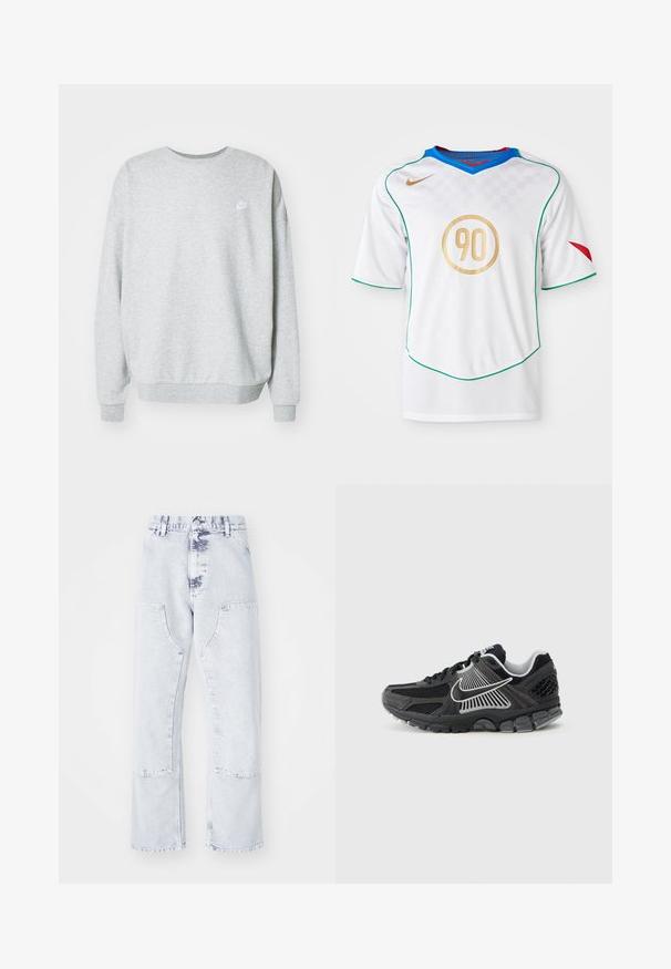 Grå sweatshirt lavet af blandingsstof i bomuld, med rund halsudskæring, sænkede skuldre og et lille hvidt logo på brystet.; Hvid fodboldtrøje med grønne kanter, gyldent cirkulært '90' logo, blå krave og rødt accent på venstre ærme. Ternede mønster tekstur.; Lys blå denim straight-leg jeans med patchlommer, høj talje og en falmet overflade. Har tonede syninger og en afslappet pasform.; Sort atletiksko med meshpaneler og syntetiske detaljer. Har en rundet tå, tyk polstret sål og kontrasterende hvide logodetaljer.