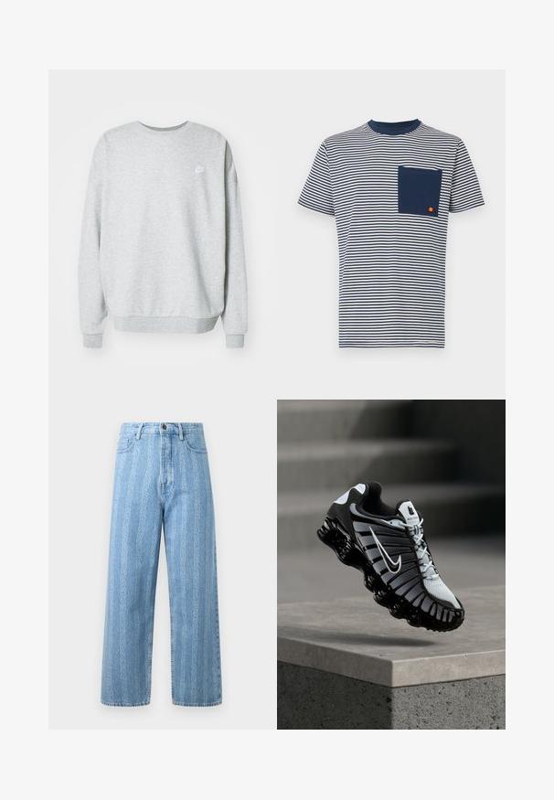 Sweatshirt gris en tissu mélangé coton, avec un col rond, des épaules tombantes et un petit logo blanc sur la poitrine.; Ellesse HIRST TEE - T-shirt imprimé - navy; Jean en denim bleu clair avec une coupe large, arborant un motif chaîne répétitif. Style classique à cinq poches avec détails en métal sur le bouton.; Chaussure de course Nike noir et blanc suspendue au-dessus d'une surface en béton avec un arrière-plan de pierres en escalier.