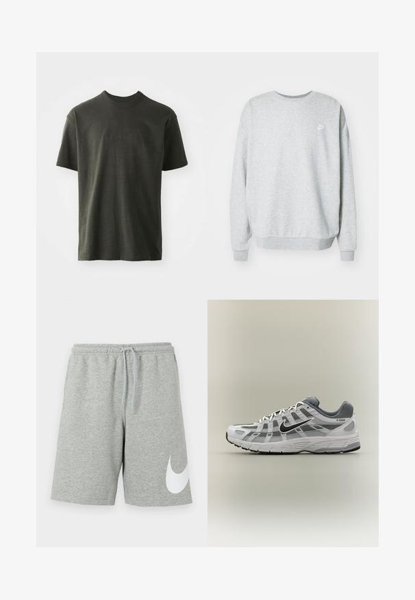 Sudadera gris hecha de una mezcla de algodón, con un cuello redondo, hombros caídos y un pequeño logo blanco en el pecho.; Camiseta verde oscura de tela suave, con cuello redondo y mangas cortas. Logo "nike" bordado en un verde ligeramente más oscuro.; Pantalones cortos deportivos gris claro con cintura elástica, cordón ajustable y un gran logotipo blanco de Nike Swoosh en la parte inferior de la pierna izquierda.; Zapatilla Nike P-6000 blanca y gris con swoosh negro, paneles de malla y suela texturizada, mostrada de perfil sobre un fondo neutro.