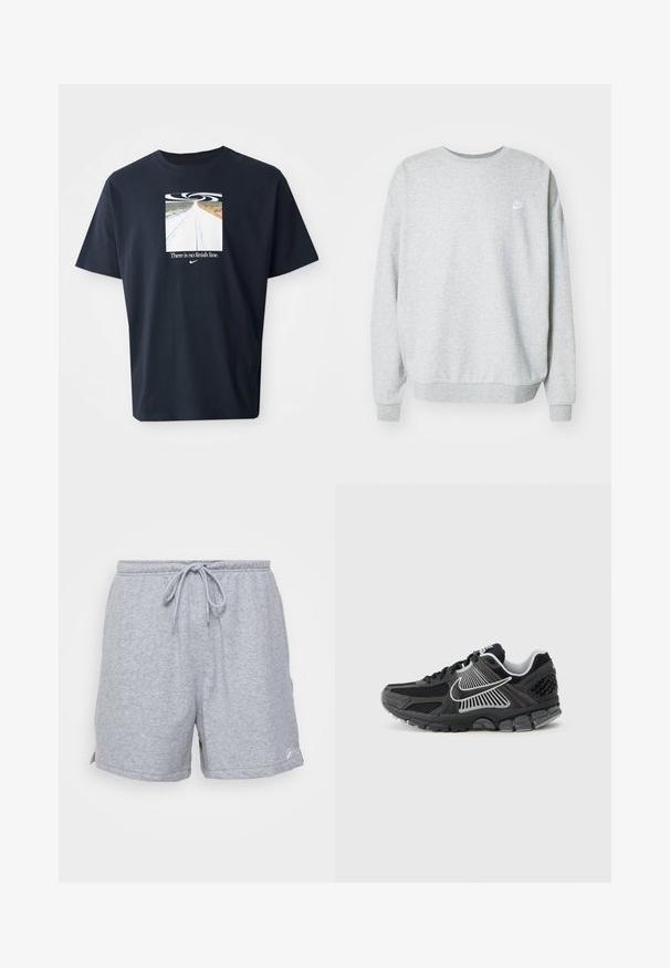 Grijze sweatshirt van een katoenmix, met een ronde hals, verlaagde schouders en een klein wit logo op de borst.; Navyblauwe katoenen T-shirt met korte mouwen, voorzien van een vierkant grafisch ontwerp van een weg en een spiraalpatroon, en de tekst "There is no finish line" in het wit.; Grijze katoenen sportshorts met een verstelbare trekkoord taille, zijzakken en een klein logo op de onderste zoom.; Zwarte sportschoen met meshpanelen en synthetische accenten. Heeft een afgeronde neus, een dikke, gedempte zool en contrasterende witte logodetails.