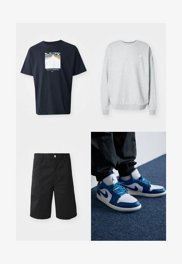 Grauer Sweatshirt aus einem Baumwoll-Mischgewebe, mit Rundhalsausschnitt, überschnittenen Schultern und einem kleinen weißen Logo auf der Brust.; Navyblaue Baumwoll-T-Shirt mit kurzen Ärmeln, das ein quadratisches Grafikdesign einer Straße und wirbelnden Mustern zeigt, sowie den Text "Es gibt keine Ziellinie" in Weiß.; Schwarze Baumwollshorts mit geradem Schnitt, Gürtelschlaufen, einem Metallknopfverschluss und ohne sichtbare Muster oder Akzente.; Die Nike Air Jordan Sneakers verfügen über eine weiße Lederbasis mit blauen synthetischen Akzenten, einer perforierten Zehenbox und blauen Schnürsenkeln.