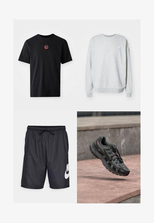 Grå sweatshirt lavet af blandingsstof i bomuld, med rund halsudskæring, sænkede skuldre og et lille hvidt logo på brystet.; Sort kortærmet T-shirt i bomuld med et sekskantet rødt og hvidt Nike-logo på brystet og en rund halsudskæring.; Sorte badebukser lavet af let materiale, med en elastisk talje med snor og et stort hvidt Nike-logo på venstre ben.; Grå og sort Nike-sneaker med pinke accenter svævende i luften over en stenet overflade, der viser side- og topdetaljer.