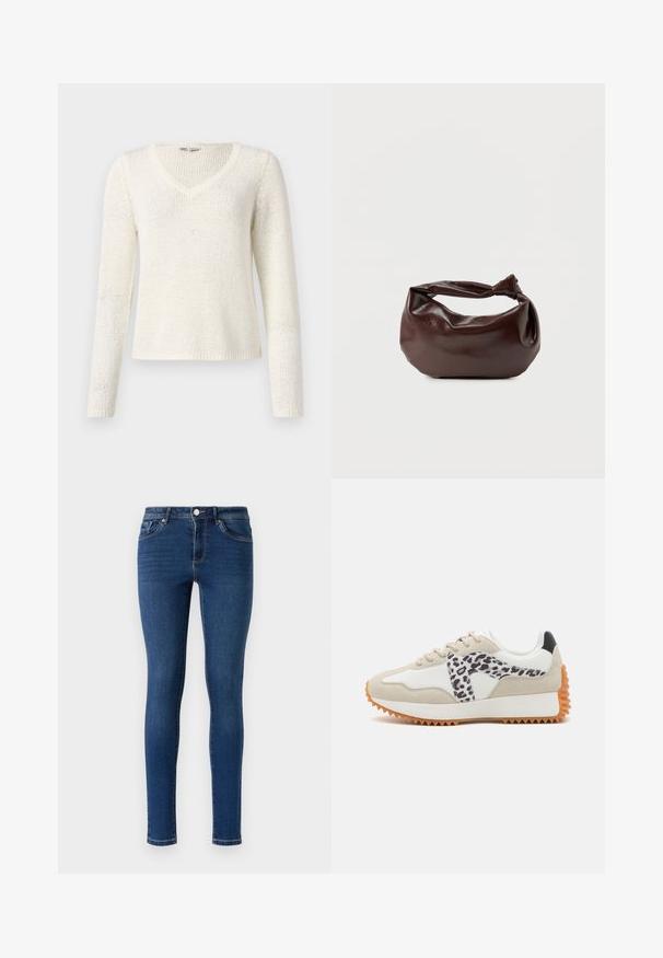 V-hals, langærmet sweater i off-white strik. Har en afslappet pasform, tekstureret mønster og en simpel kant. Letvægtsstof.; Slanke denimjeans i mørkeblå. Har et klassisk fem-lomme-design, metalknaplukning og diskret syninger langs sømmene.; Beige og hvid sneaker med et leopardtryk-panel, tekstureret ruskind og gummisål med riller for greb. Snørebånd og polstret krave inkluderet.; Mørkebrun læder skuldertaske med en blød, afslappet form og et snoet knudehåndtag på en ensartet hvid baggrund.
