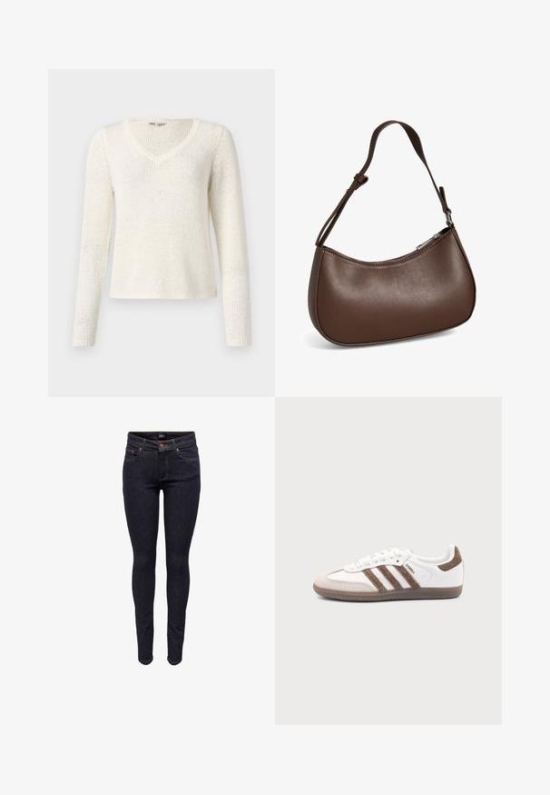 Sveter s výstrihom do V, dlhými rukávmi v off-white pletenine. Má voľný strih, textúrovaný vzor a jednoduchý lem. Ľahký materiál.; Tmavomodré úzke džínsy z denimu s predným zapínaním na gombíky a vreckami, viditeľným šitím a štítkom značky na páse.; Biele tenisky Adidas Samba s hnedými semišovými pruhmi, hnedou gumovou podrážkou a béžovým semišovým špicom, zobrazené z vonkajšej strany na jednofarebnom pozadí.; Malá hnedá kožená kabelka cez rameno s nastaviteľným popruhom a zapínaním na zips, zobrazená na bielom pozadí. Bez viditeľného loga alebo ozdôb.